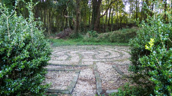Stone-lined labyrinth path in the woods at Lichgate on High Road